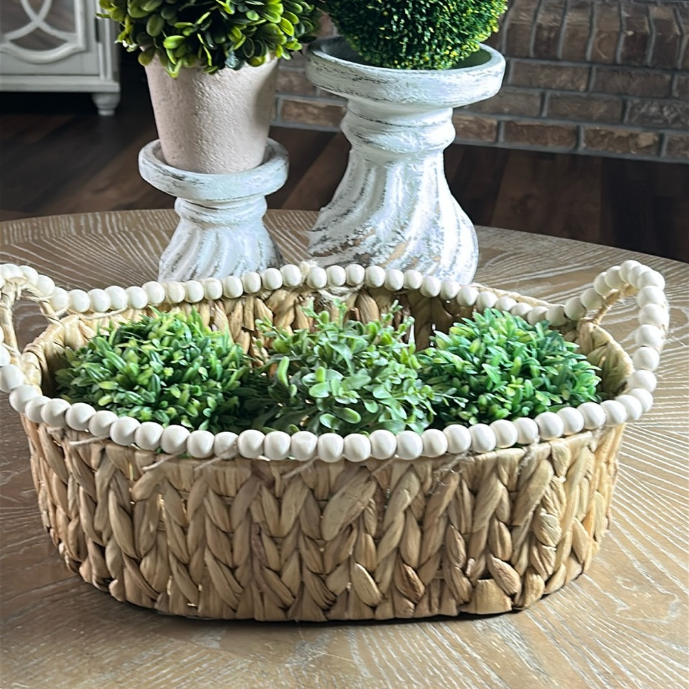 NEW! Bohemian Farmhouse Natural Woven Oval Basket with Wood Bead Trim & Handles